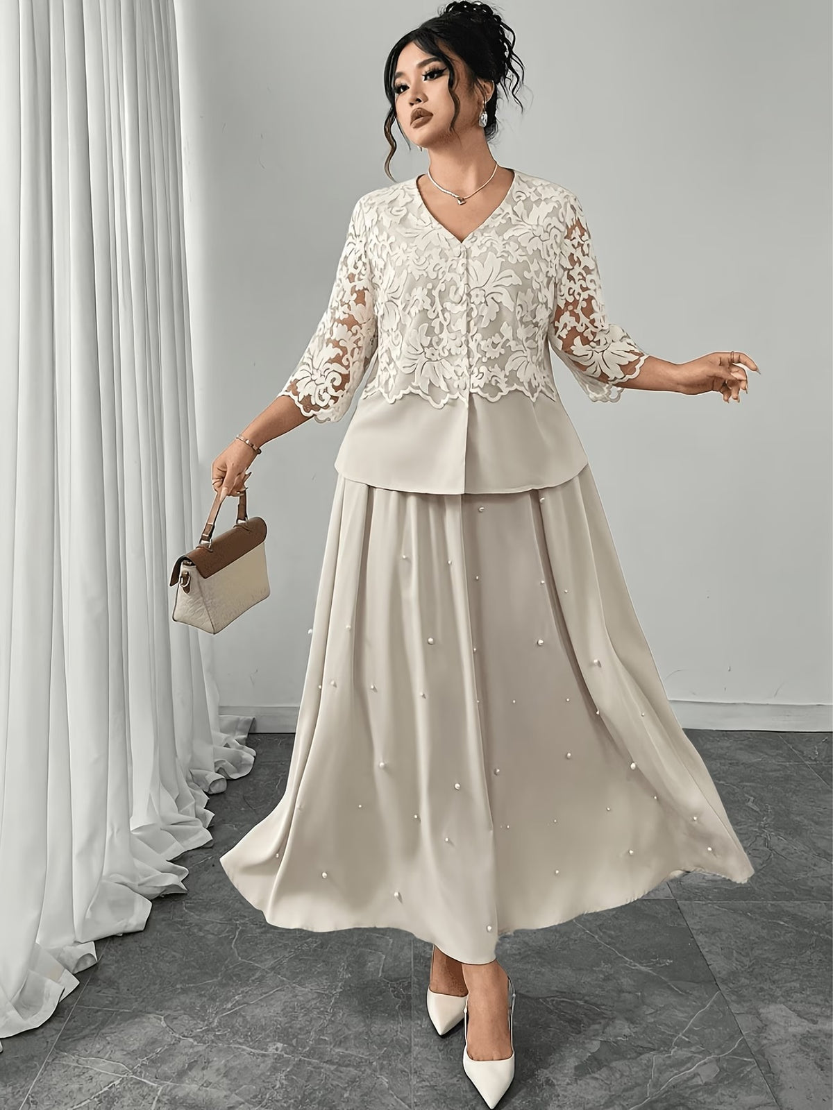 Women’s Plus Size Lace Patchwork Top & Beaded Skirt 2-Piece Outfit