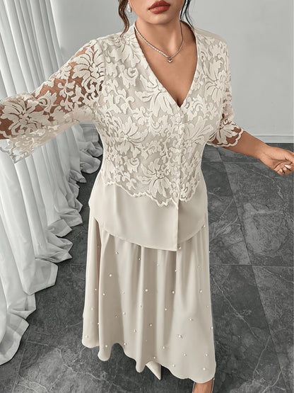 Women’s Plus Size Lace Patchwork Top & Beaded Skirt 2-Piece Outfit