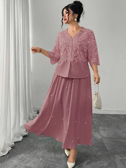 Women’s Plus Size Lace Patchwork Top & Beaded Skirt 2-Piece Outfit