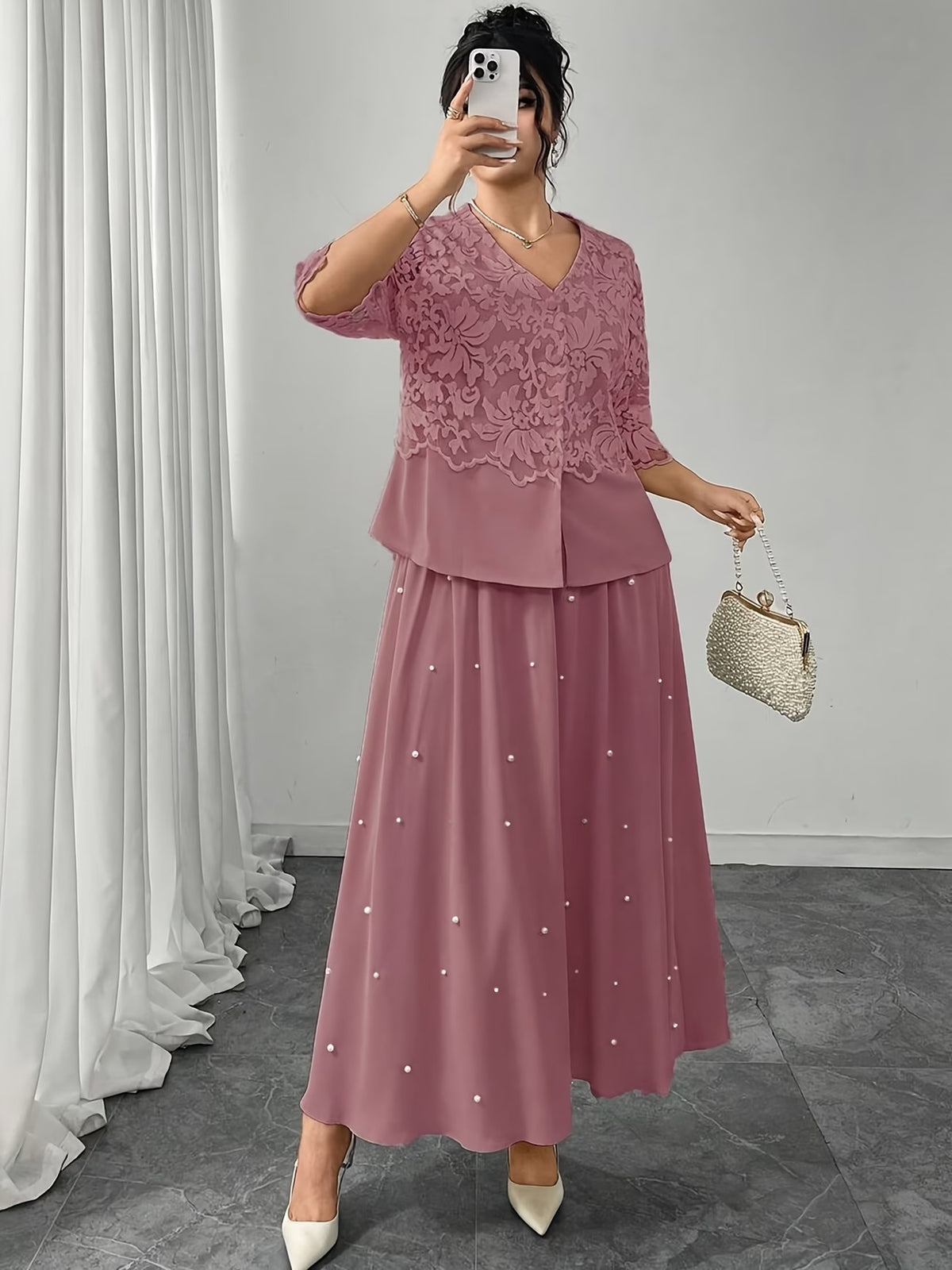Women’s Plus Size Lace Patchwork Top & Beaded Skirt 2-Piece Outfit