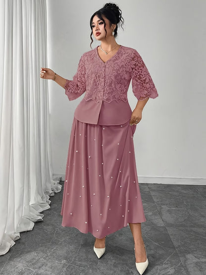 Women’s Plus Size Lace Patchwork Top & Beaded Skirt 2-Piece Outfit