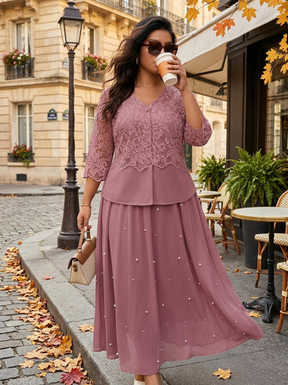 Women’s Plus Size Lace Patchwork Top & Beaded Skirt 2-Piece Outfit
