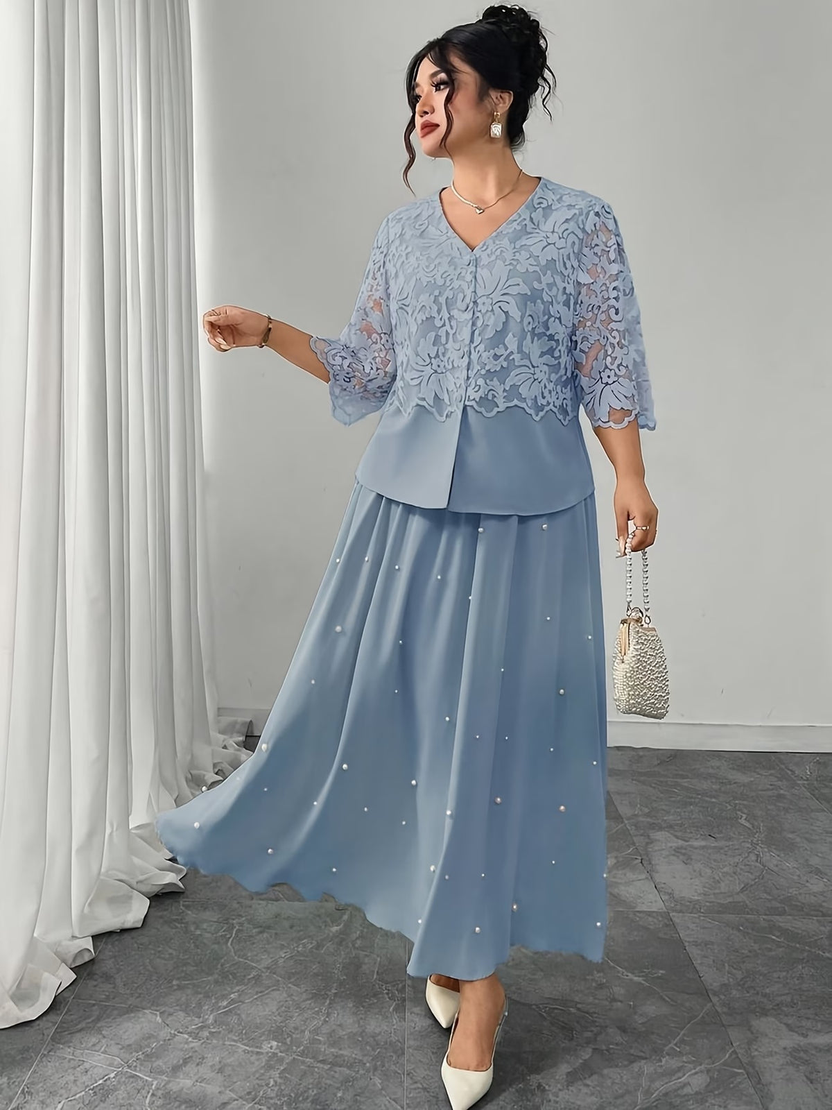 Women’s Plus Size Lace Patchwork Top & Beaded Skirt 2-Piece Outfit