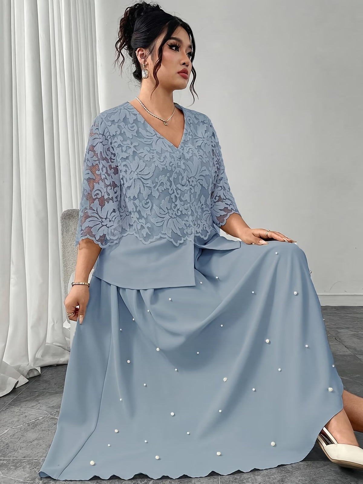 Women’s Plus Size Lace Patchwork Top & Beaded Skirt 2-Piece Outfit