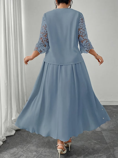 Women’s Plus Size Lace Patchwork Top & Beaded Skirt 2-Piece Outfit