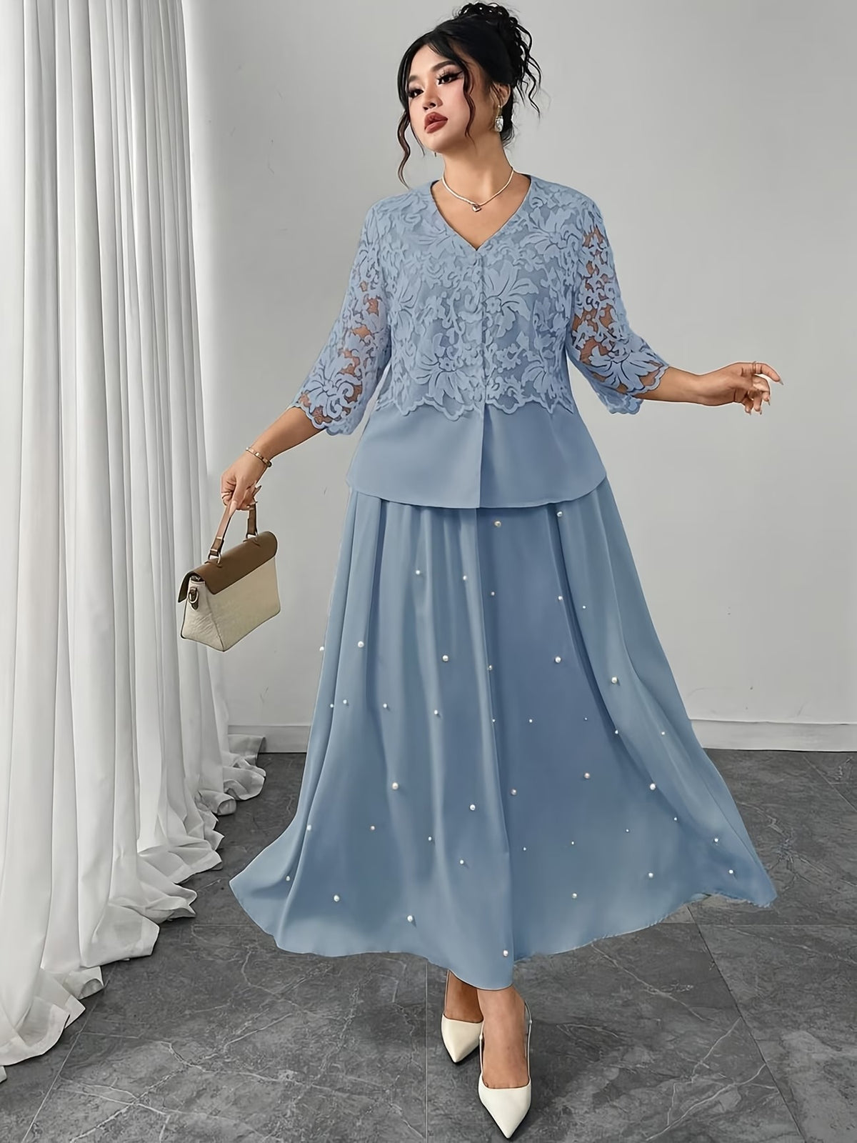 Women’s Plus Size Lace Patchwork Top & Beaded Skirt 2-Piece Outfit