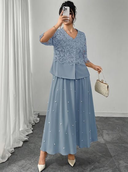 Women’s Plus Size Lace Patchwork Top & Beaded Skirt 2-Piece Outfit