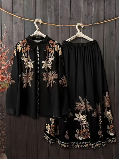 Women’s Plus Size Printed Shirt & Skirt 2-Piece Bohemian Set