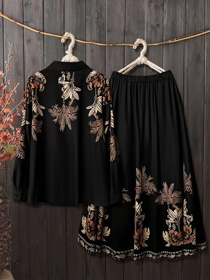 Women’s Plus Size Printed Shirt & Skirt 2-Piece Bohemian Set