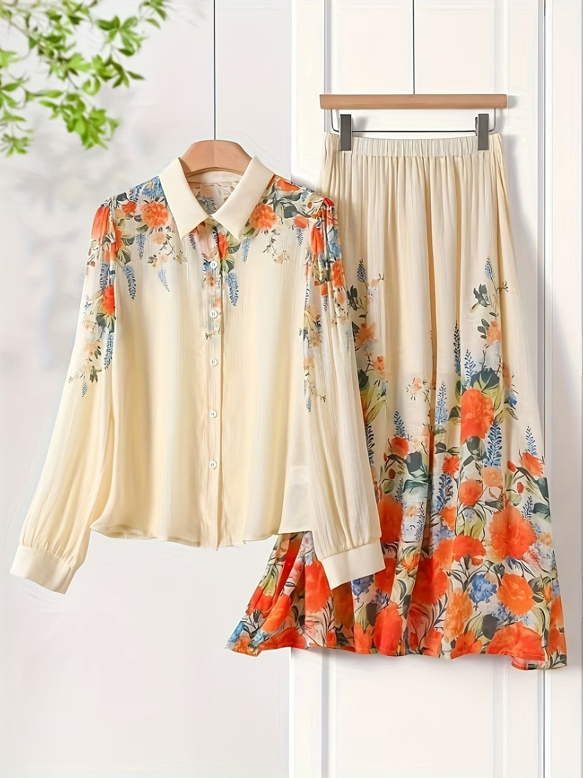 Women’s Plus Size Printed Shirt & Skirt 2-Piece Bohemian Set