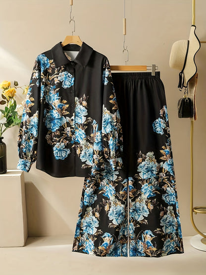 Women’s Plus Size Printed Shirt & Skirt 2-Piece Bohemian Set
