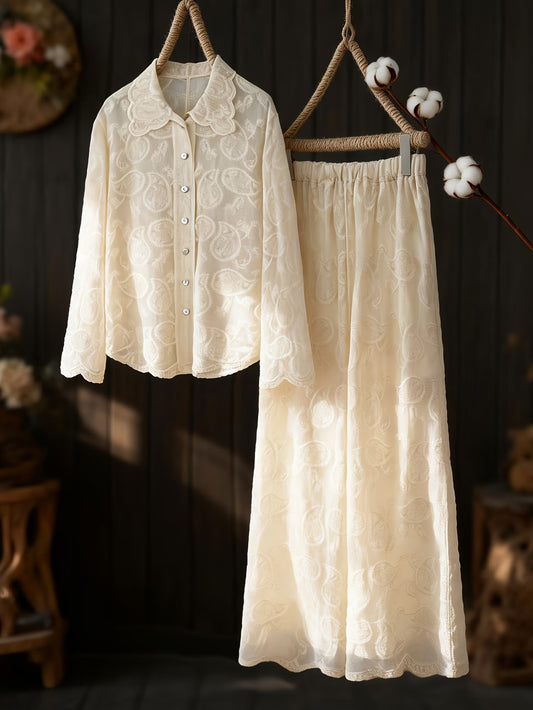 Women’s Artistic Embroidered Wavy-Hem Shirt & Straight-Leg Pants Outfit