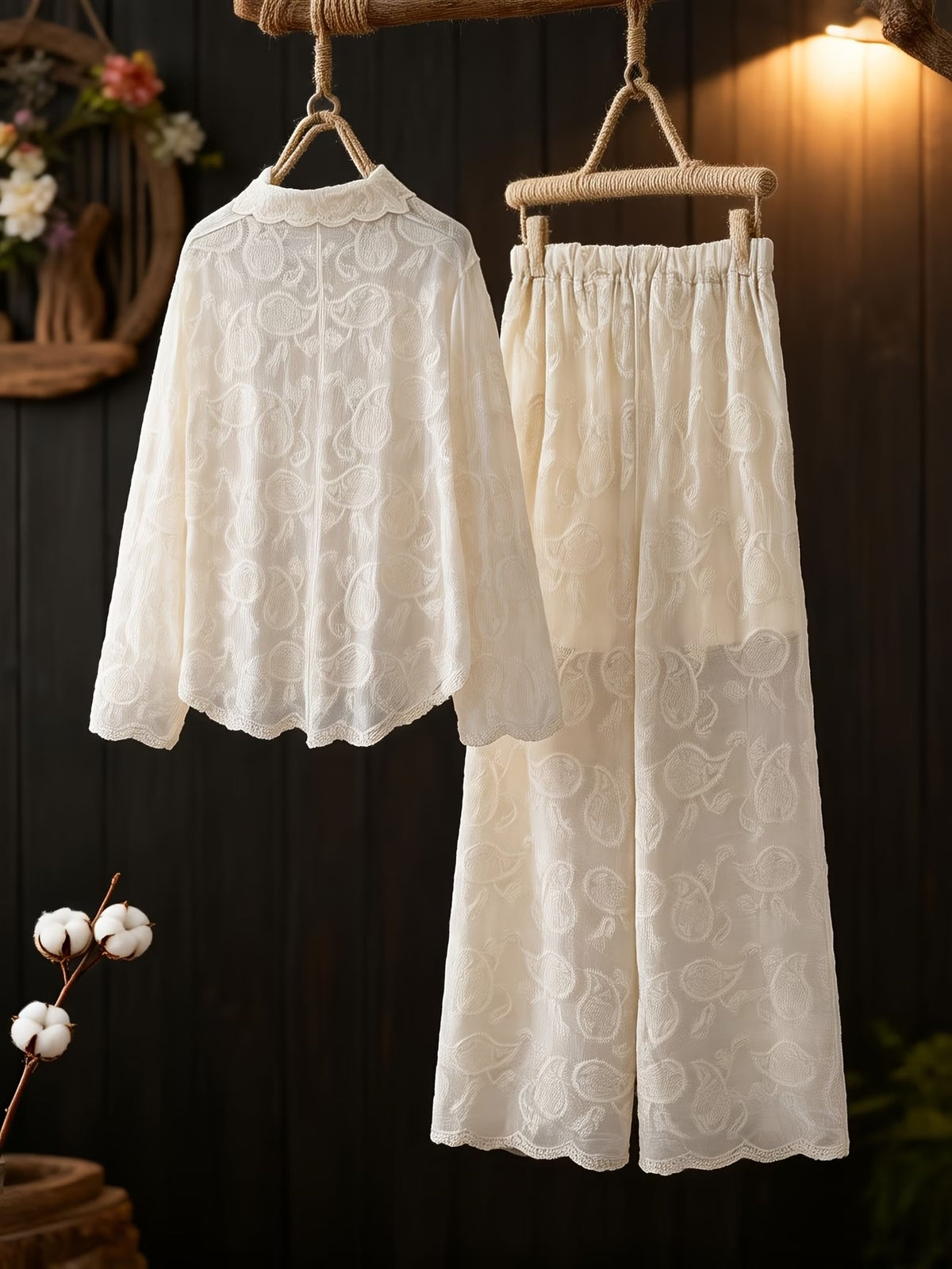 Women’s Artistic Embroidered Wavy-Hem Shirt & Straight-Leg Pants Outfit