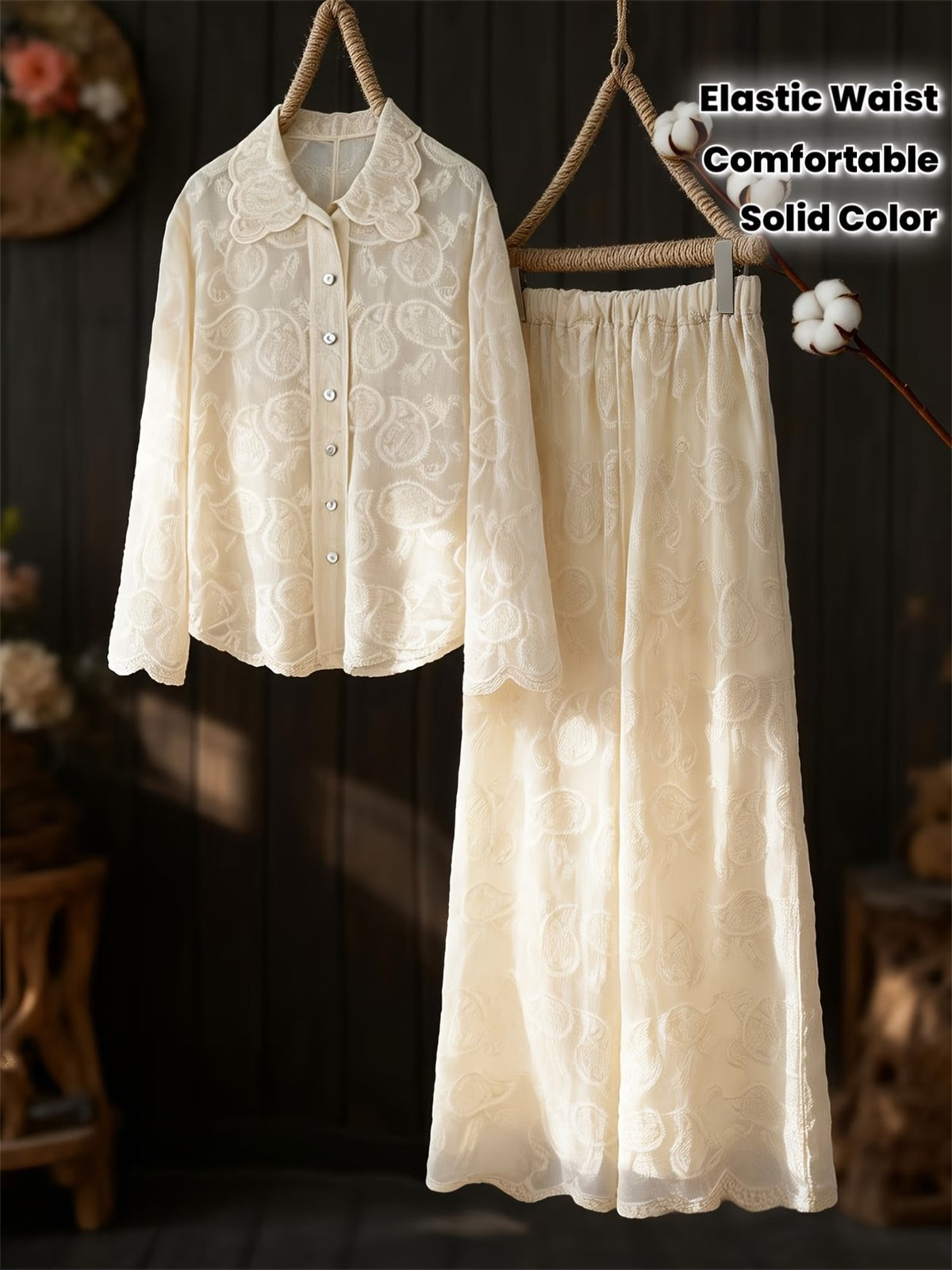 Women’s Artistic Embroidered Wavy-Hem Shirt & Straight-Leg Pants Outfit