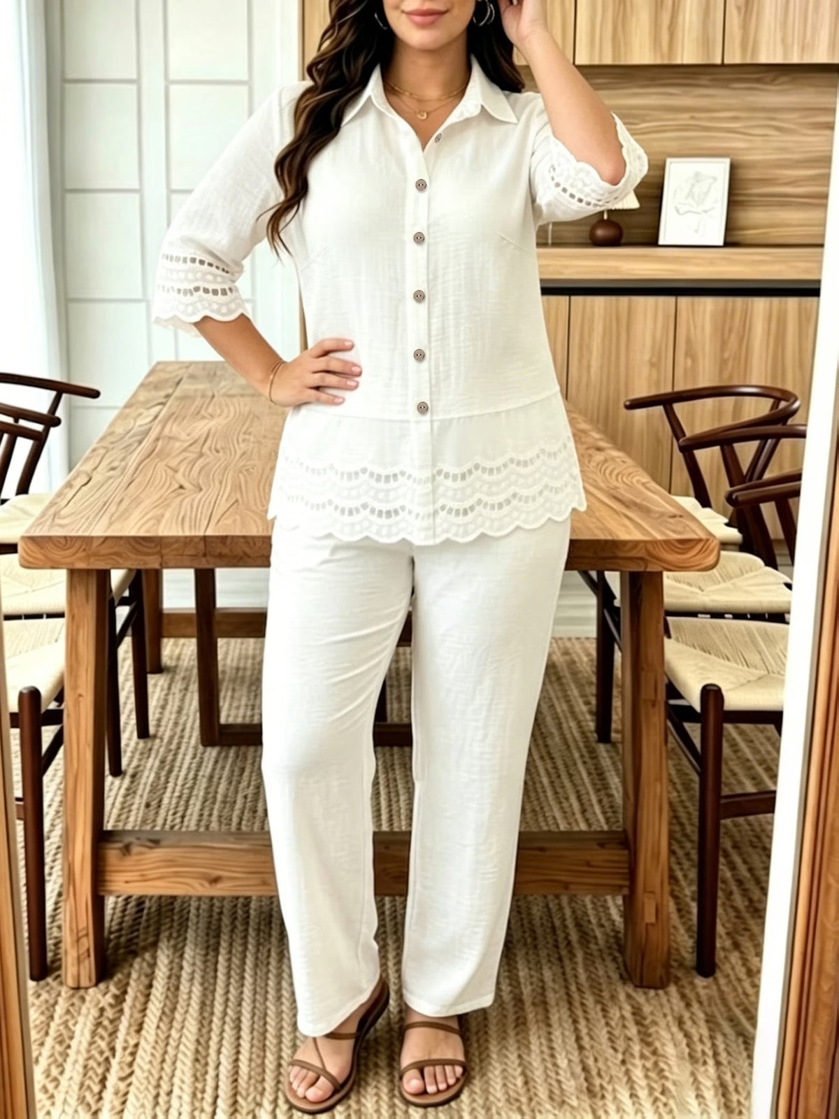 Plus Size Women’s Lace Patchwork Blouse & Wide-Leg Pants Co-Ord Outfit