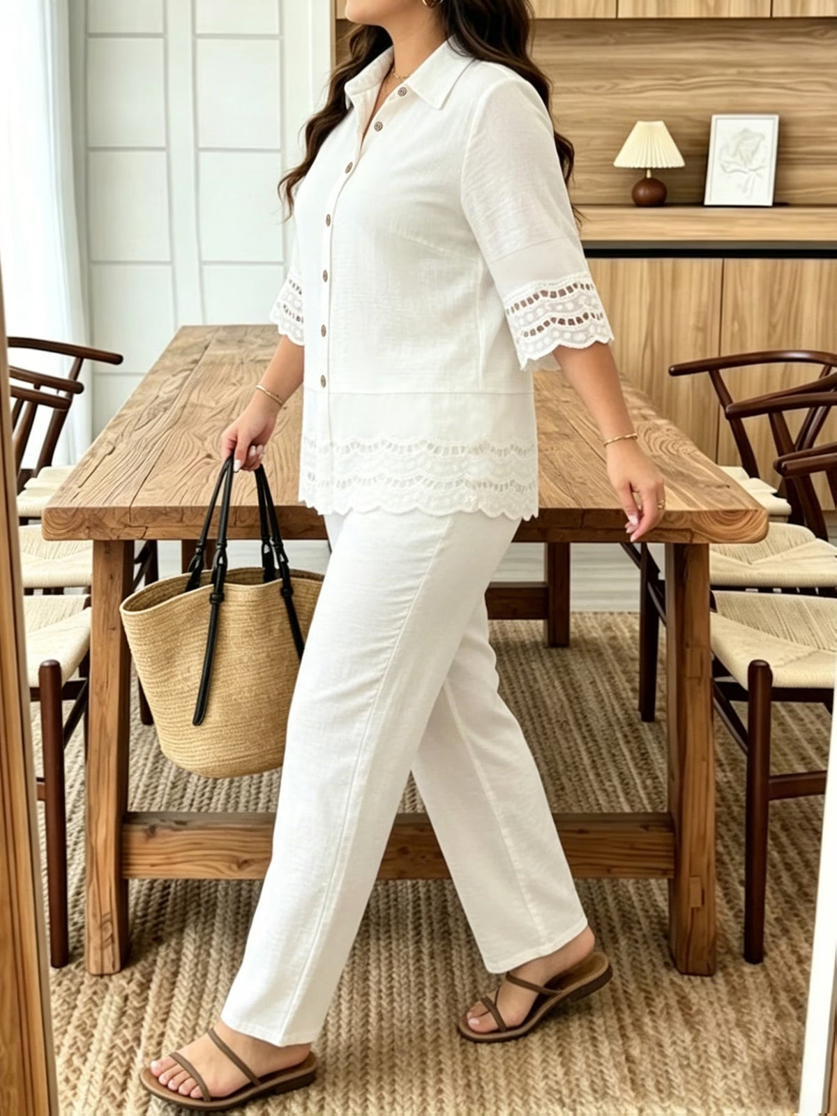 Plus Size Women’s Lace Patchwork Blouse & Wide-Leg Pants Co-Ord Outfit