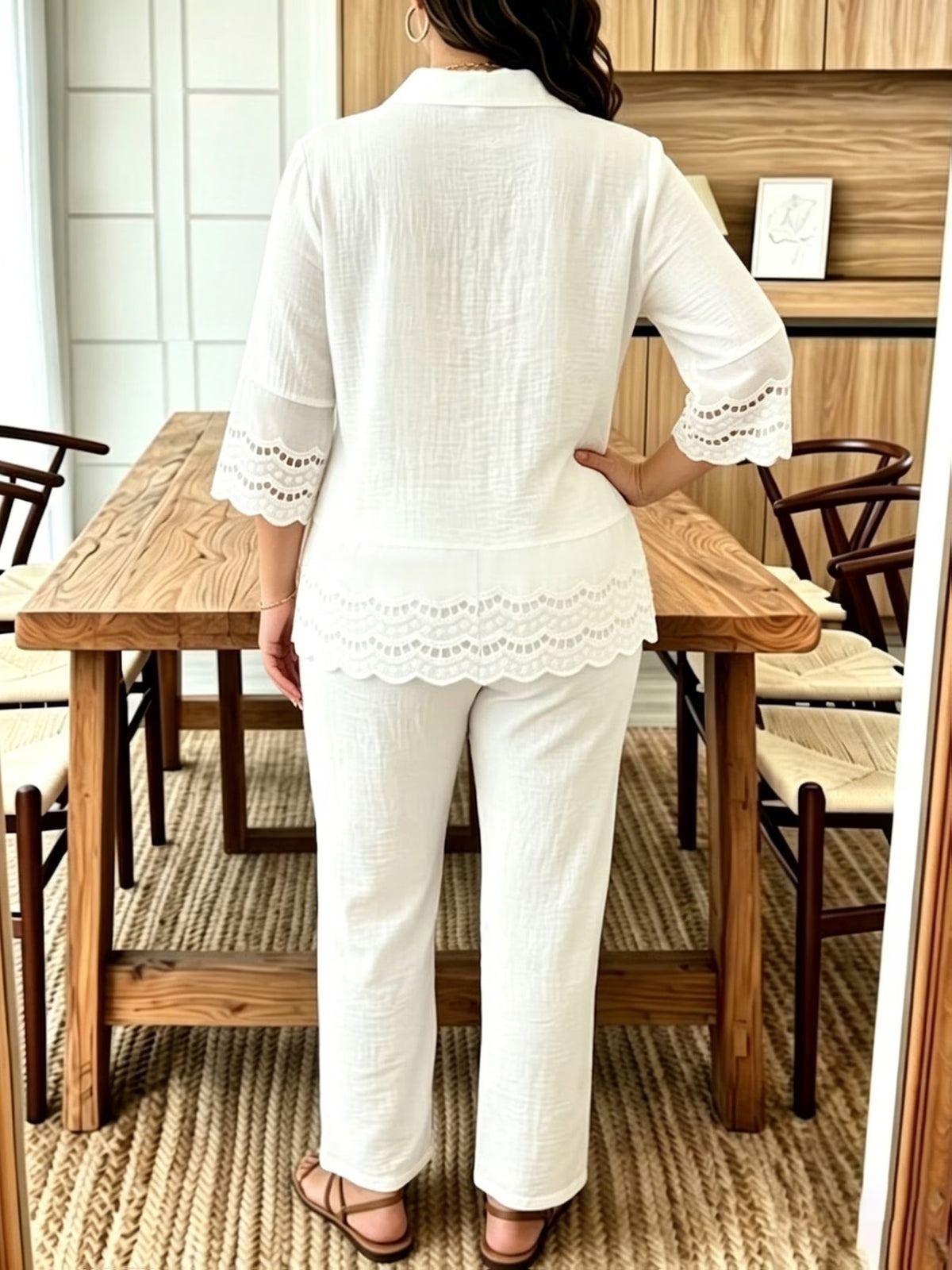 Plus Size Women’s Lace Patchwork Blouse & Wide-Leg Pants Co-Ord Outfit