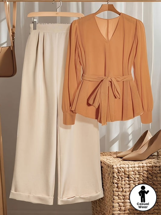 Plus Size Women’s Fashionable Lace-Up Waist Blouse & Casual Trousers Outfit