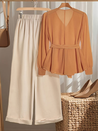 Plus Size Women’s Fashionable Lace-Up Waist Blouse & Casual Trousers Outfit