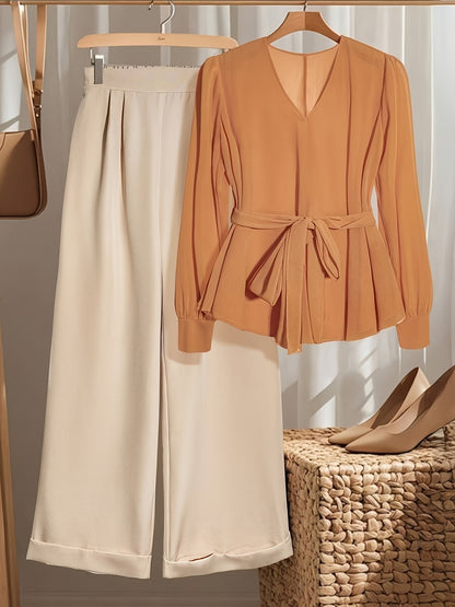 Plus Size Women’s Fashionable Lace-Up Waist Blouse & Casual Trousers Outfit