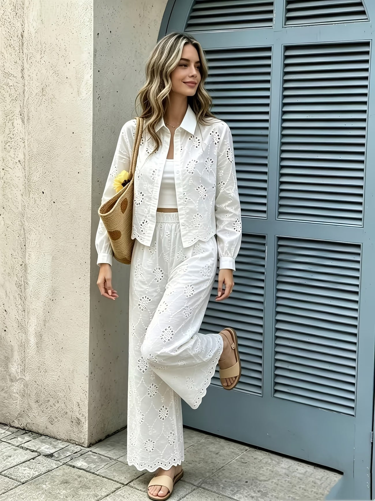 Women’s French-Inspired Embroidered Blouse & Ruffled Wide-Leg Trousers Co-Ord