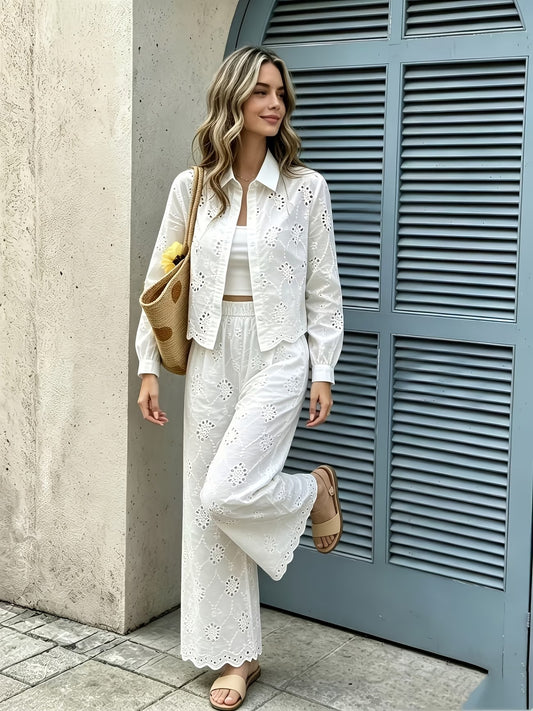 Women’s French-Inspired Embroidered Blouse & Ruffled Wide-Leg Trousers Co-Ord
