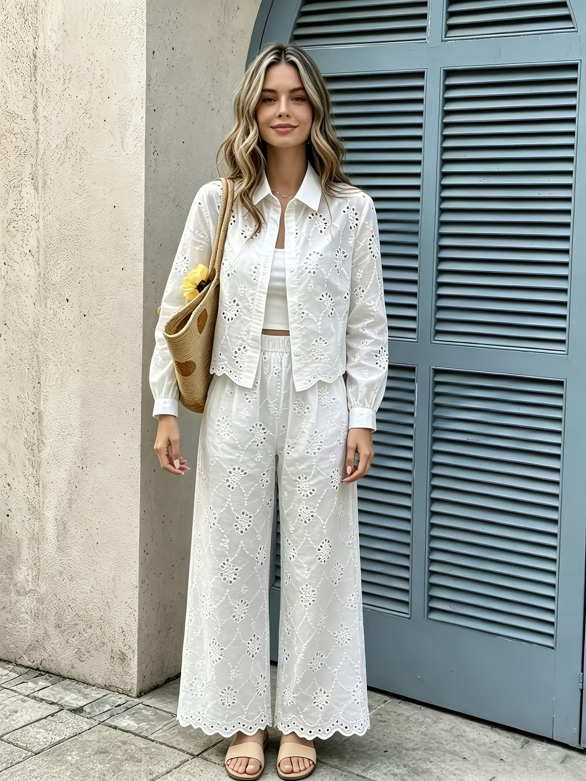 Women’s French-Inspired Embroidered Blouse & Ruffled Wide-Leg Trousers Co-Ord