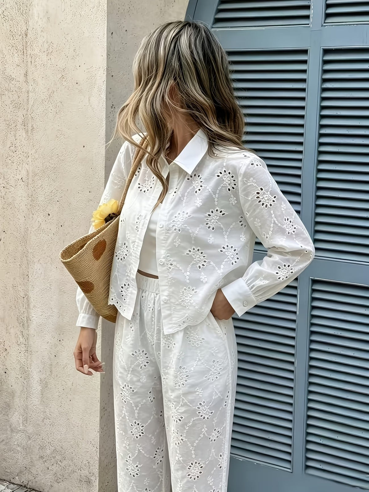 Women’s French-Inspired Embroidered Blouse & Ruffled Wide-Leg Trousers Co-Ord