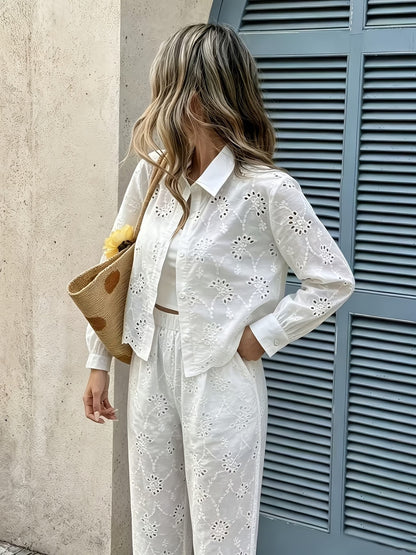 Women’s French-Inspired Embroidered Blouse & Ruffled Wide-Leg Trousers Co-Ord