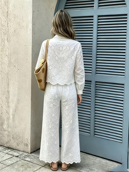 Women’s French-Inspired Embroidered Blouse & Ruffled Wide-Leg Trousers Co-Ord