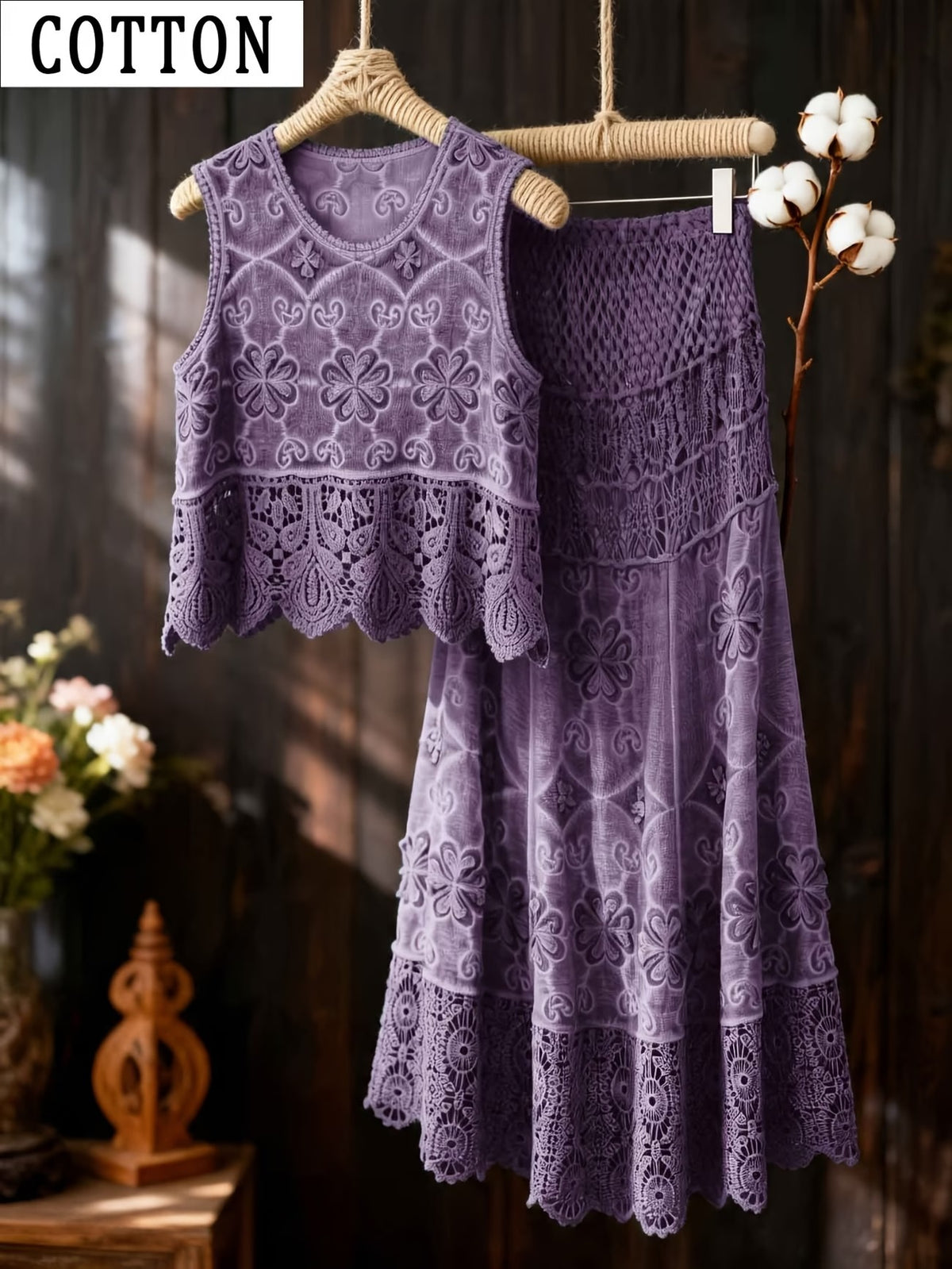 Women’s Delicate Hollow-Detail Sleeveless Top & Floral Embroidered Skirt Set