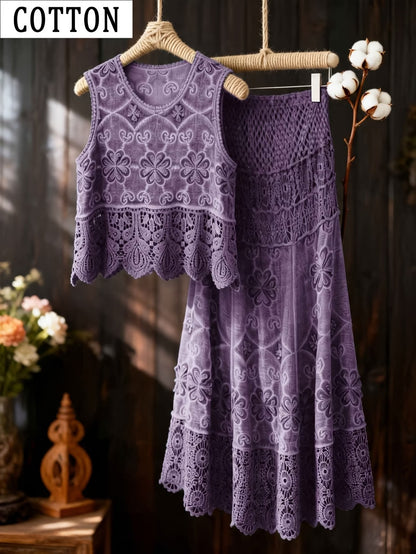 Women’s Delicate Hollow-Detail Sleeveless Top & Floral Embroidered Skirt Set