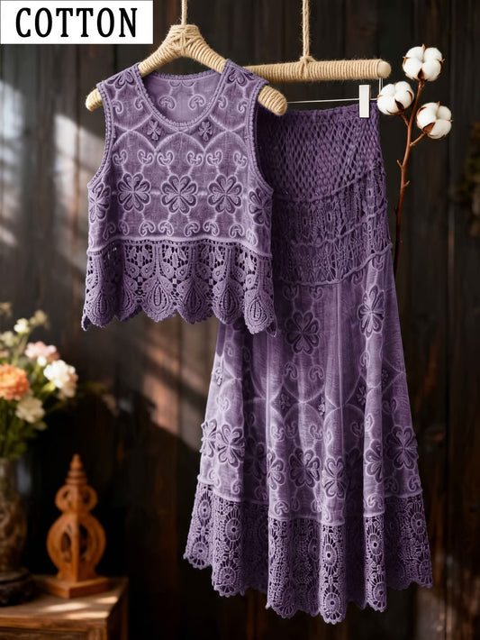Women’s Delicate Hollow-Detail Sleeveless Top & Floral Embroidered Skirt Set