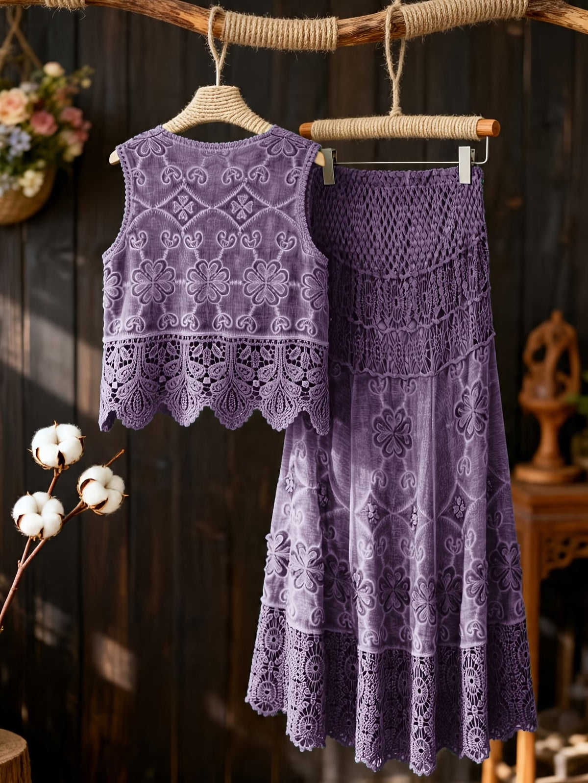 Women’s Delicate Hollow-Detail Sleeveless Top & Floral Embroidered Skirt Set