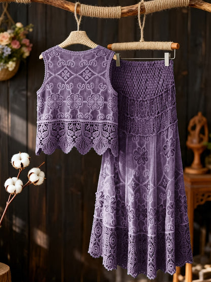 Women’s Delicate Hollow-Detail Sleeveless Top & Floral Embroidered Skirt Set