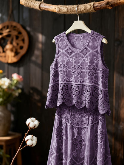 Women’s Delicate Hollow-Detail Sleeveless Top & Floral Embroidered Skirt Set