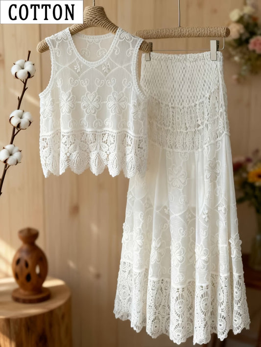 Women’s Delicate Hollow-Detail Sleeveless Top & Floral Embroidered Skirt Set