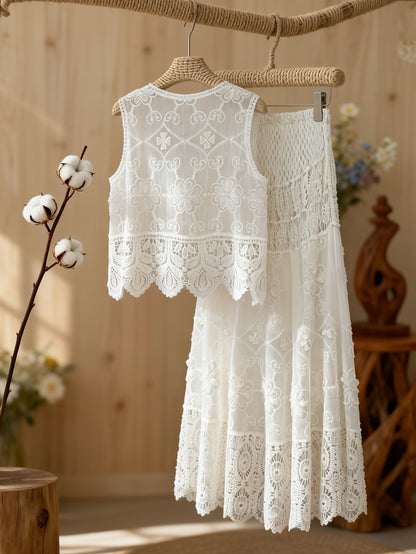 Women’s Delicate Hollow-Detail Sleeveless Top & Floral Embroidered Skirt Set