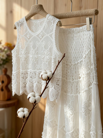 Women’s Delicate Hollow-Detail Sleeveless Top & Floral Embroidered Skirt Set