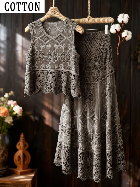 Women’s Delicate Hollow-Detail Sleeveless Top & Floral Embroidered Skirt Set