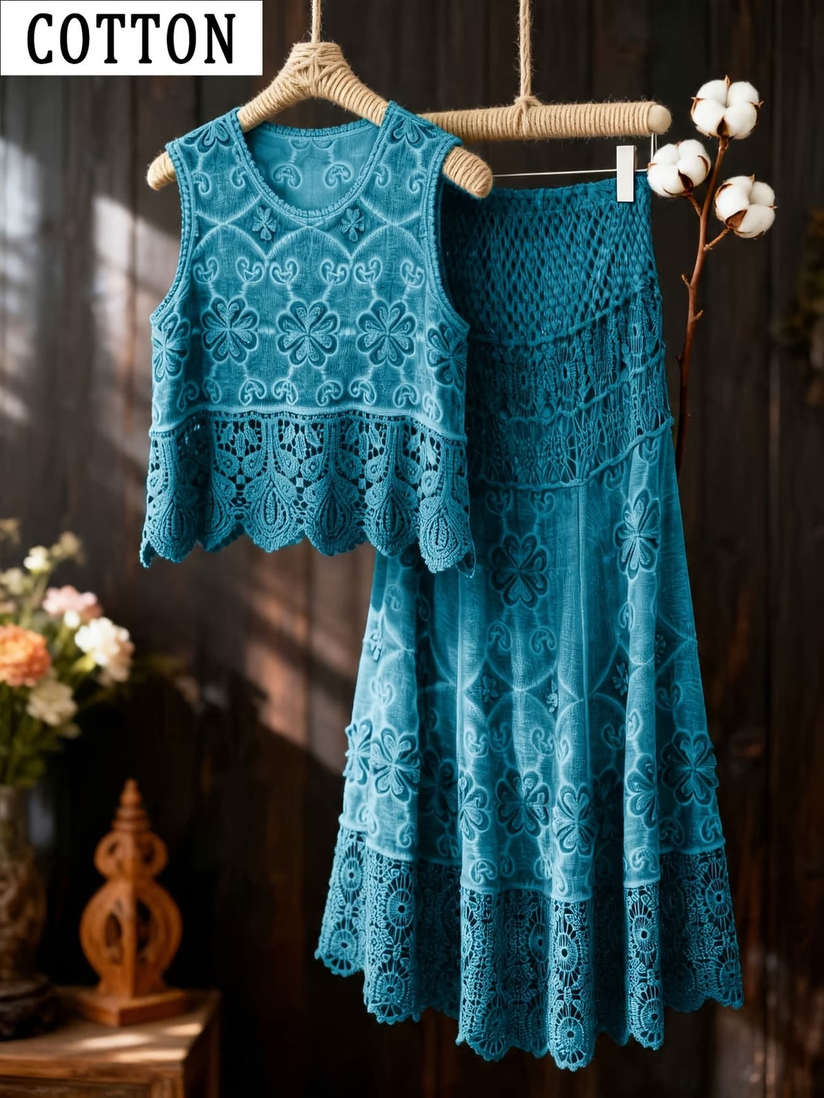 Women’s Delicate Hollow-Detail Sleeveless Top & Floral Embroidered Skirt Set