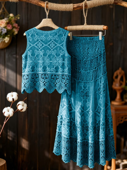 Women’s Delicate Hollow-Detail Sleeveless Top & Floral Embroidered Skirt Set