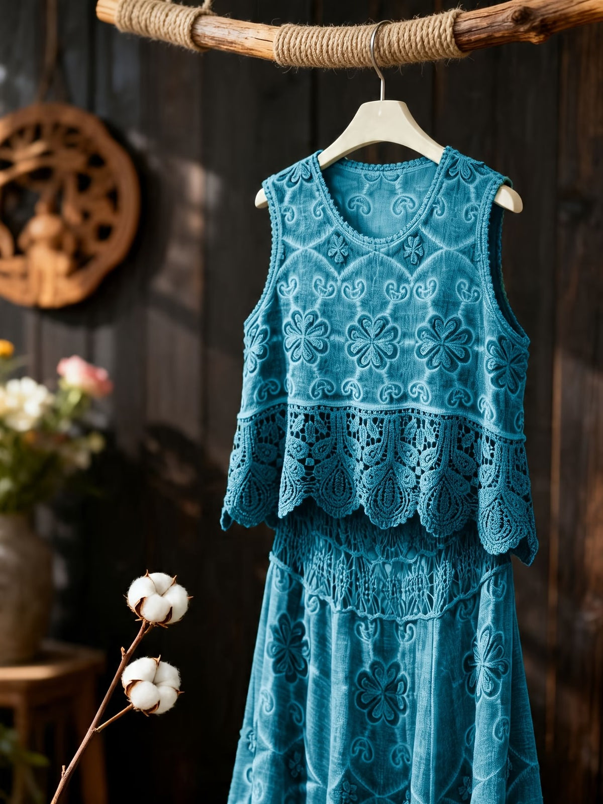 Women’s Delicate Hollow-Detail Sleeveless Top & Floral Embroidered Skirt Set
