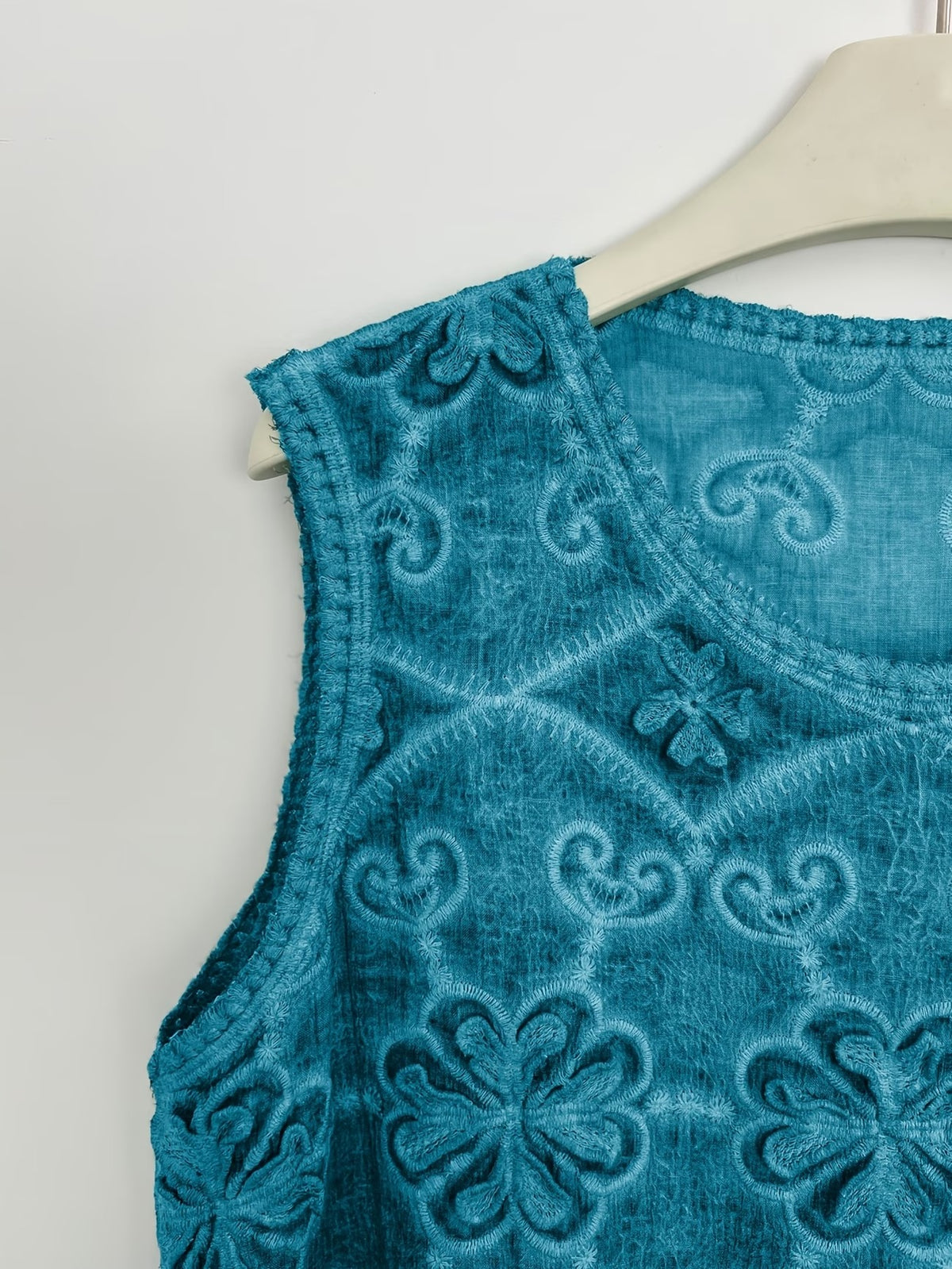 Women’s Delicate Hollow-Detail Sleeveless Top & Floral Embroidered Skirt Set