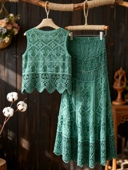 Women’s Delicate Hollow-Detail Sleeveless Top & Floral Embroidered Skirt Set