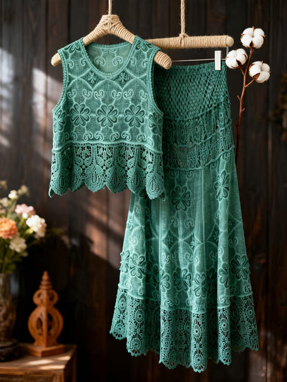 Women’s Delicate Hollow-Detail Sleeveless Top & Floral Embroidered Skirt Set