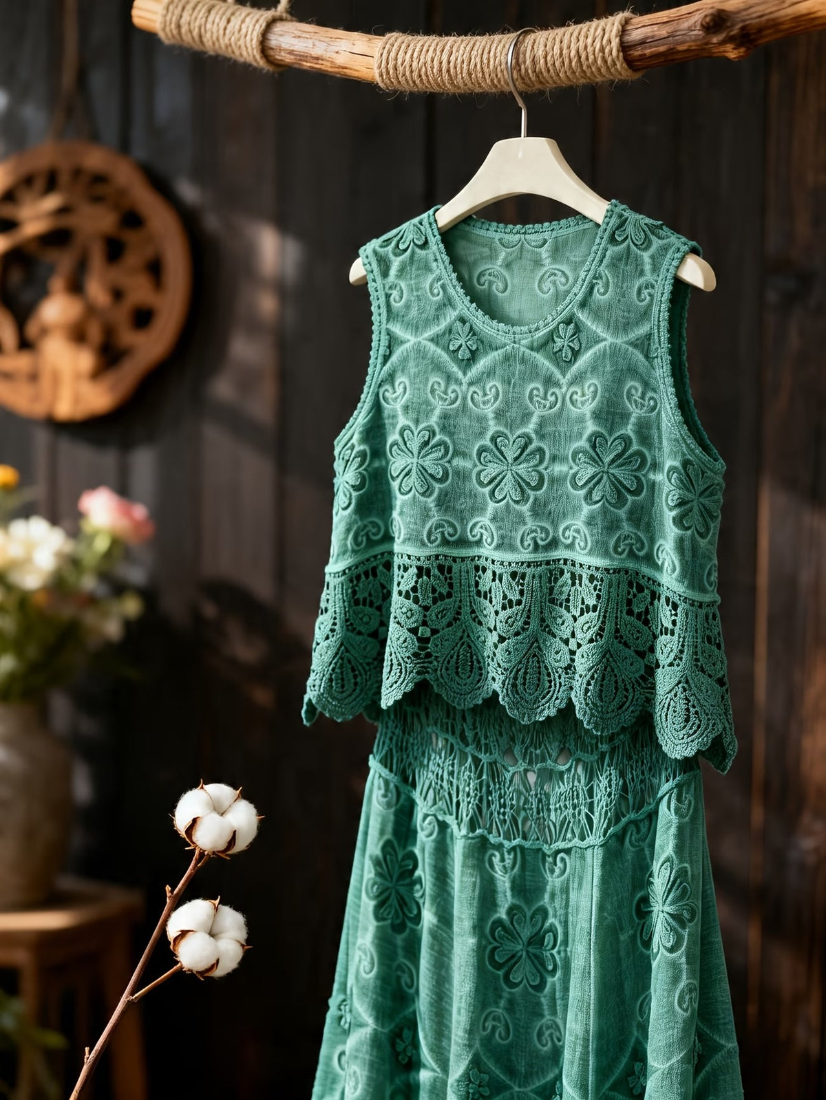 Women’s Delicate Hollow-Detail Sleeveless Top & Floral Embroidered Skirt Set