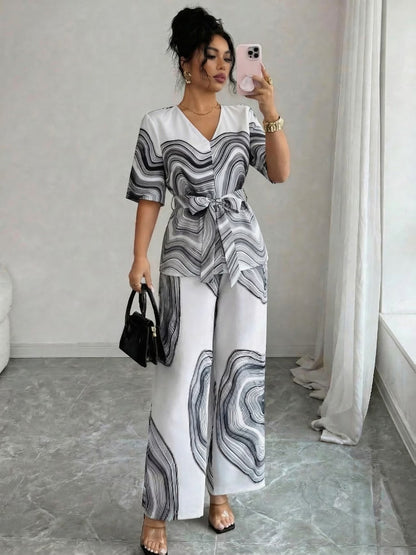 Women’s Wave Print Lace-Up V-Neck Top & Wide-Leg Pants Set