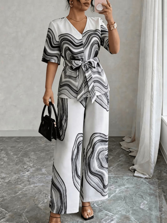 Women’s Wave Print Lace-Up V-Neck Top & Wide-Leg Pants Set