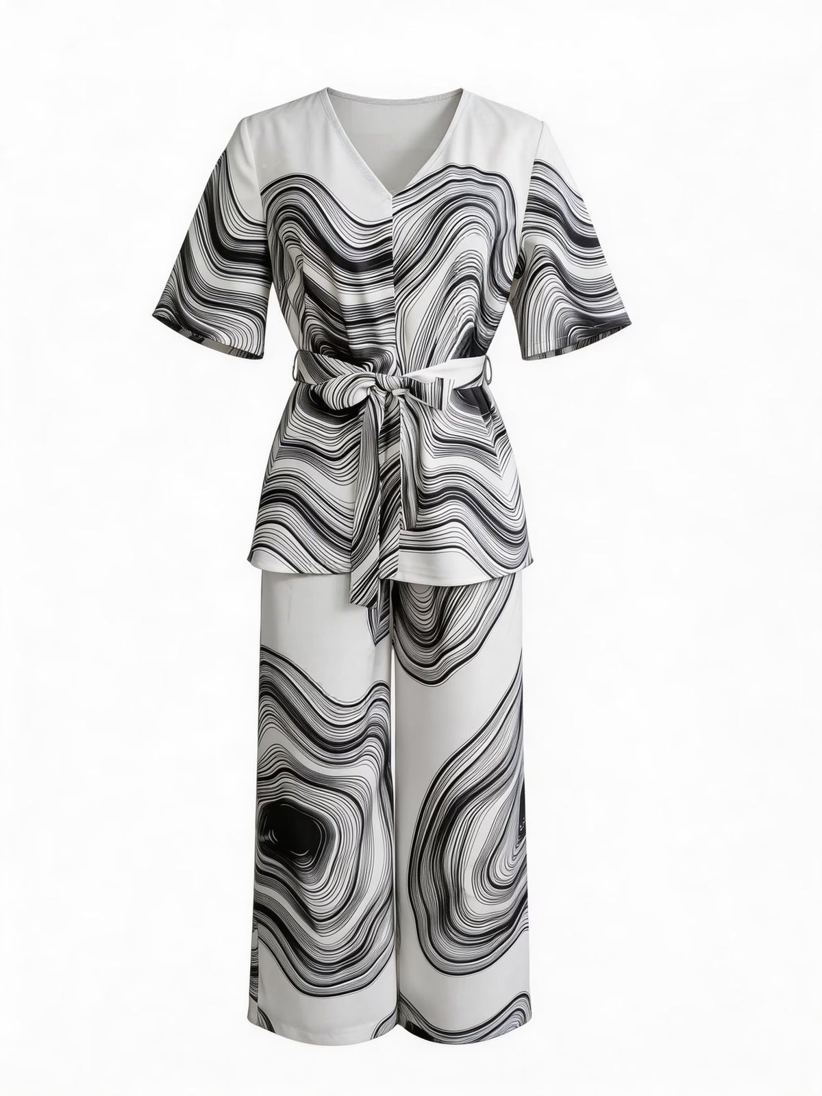Women’s Wave Print Lace-Up V-Neck Top & Wide-Leg Pants Set